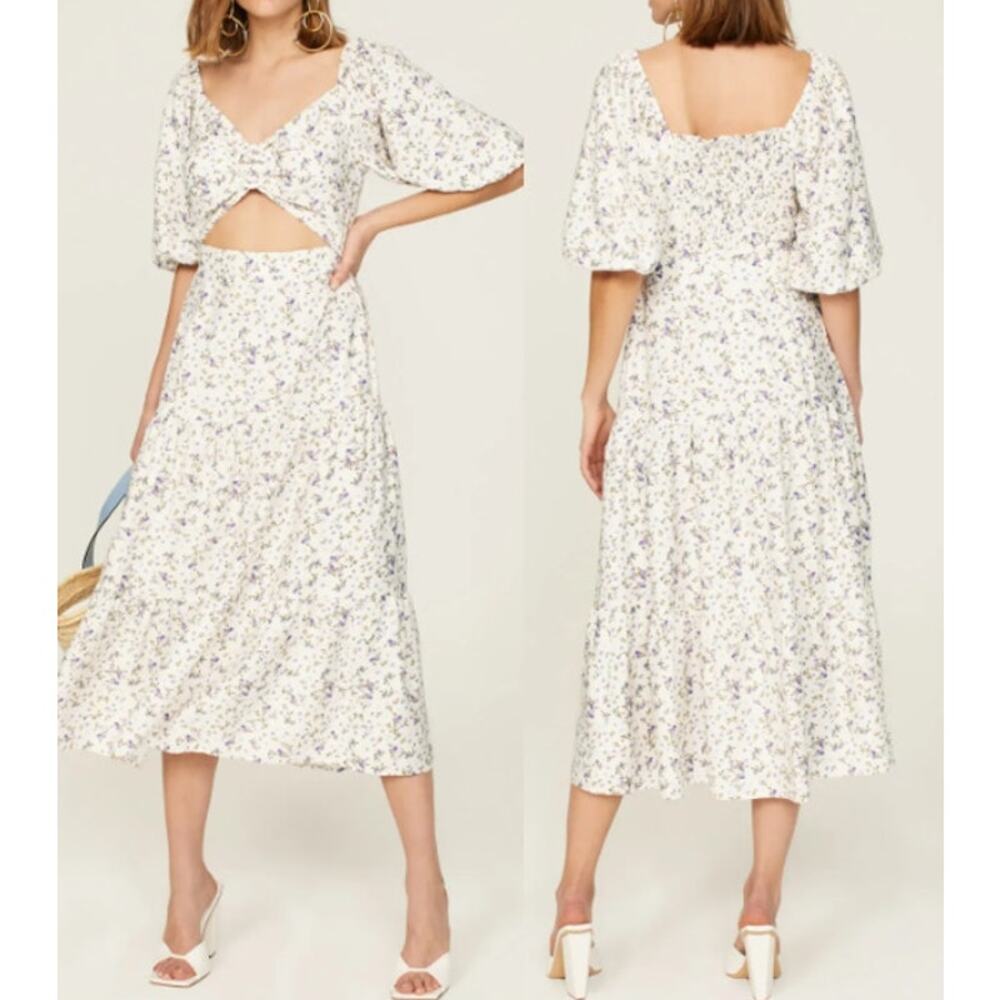 MINKPINK Hailey Floral Puff Sleeve Cutout Midi Dress White Purple XL